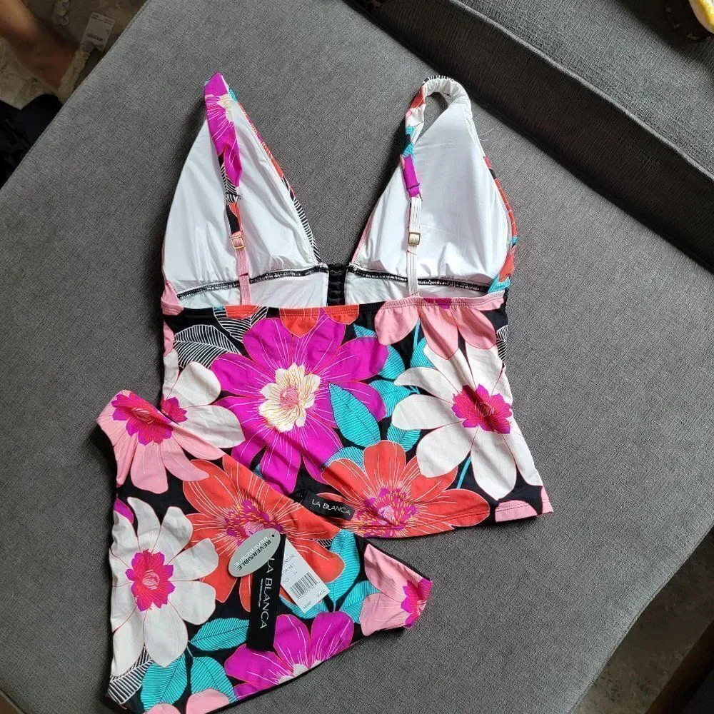 La Blanca Over the Shoulder Front Knot Tankini Swimsuit Top & Bottom 2 p…